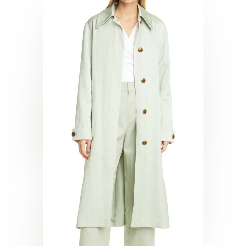NWT $695 Vince Womens Coat S Small Celery Green Linen Blend Belted Coat